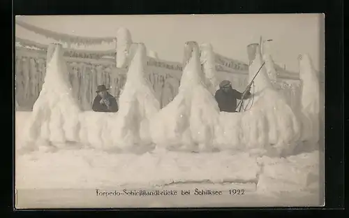 AK Kiel-Schilksee, Schneebedeckte Anlegebrücke 1922, mit Schiessscharten