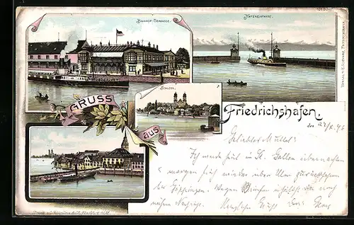 Lithographie Friedrichshafen, Bahnhof-Terrase, Schloss, Hafeneinfahrt