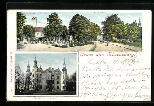 Lithographie Ahrensburg, Schadendorff`s Hotel, Schloss Ahrensburg