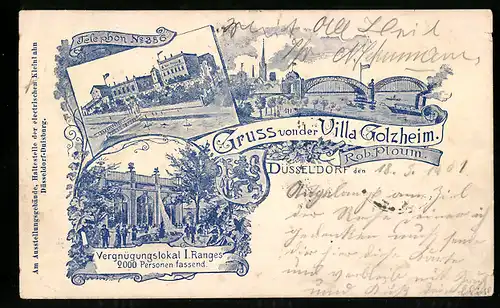 Lithographie Düsseldorf, Gruss aus dem Restaurant Villa Golzheim, Inh. Rob. Ploum