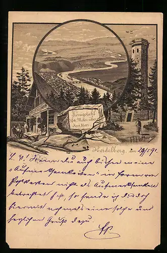 Vorläufer-Lithographie Heidelberg, 1891, Partie am Königstuhl, Blick auf Flusslauf