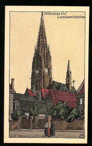 Steindruck-AK Münster i. W., Darstellung der Lamberti Kirche