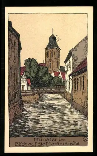 Steindruck-AK Münster i. W., Blick auf die Martinikirche