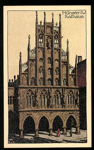 Steindruck-AK Münster i. W., Rathaus