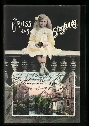 AK Siegburg, Der Mühlengraben, Hübsches Mädchen auf einem Geländer sitzend