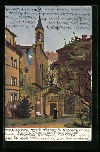Künstler-AK Berlin-Wedding, Lazarus-Kranken- und Diakonissenhaus, Bernauer Strasse 115-117