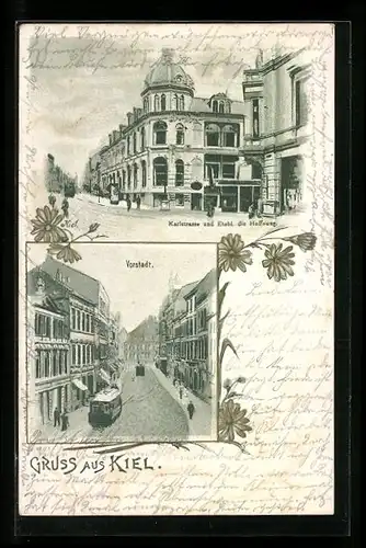 Lithographie Kiel, Karlstrasse und Etabl. die Hoffnung, Vorstadt mit Strassenbahn