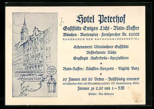 AK München, Hotel Peterhof, Gaststätte Ewiges Licht, Rats-Kaffee, Marienplatz