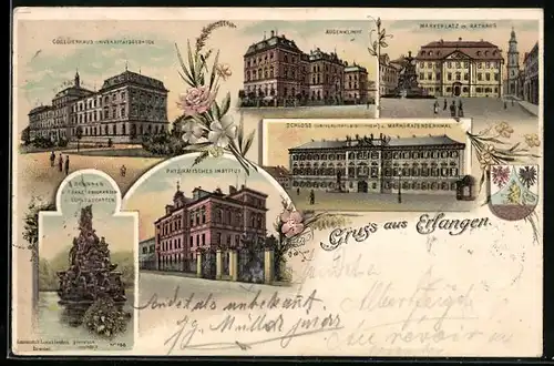 Lithographie Erlangen, Augenklinik, Schloss u. Markgrafendenkmal, Physikalisches Institut