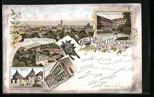 Lithographie Teplitz Schönau / Teplice, Curgarten und Herrenhaus, Stadtbad, Schlossberg