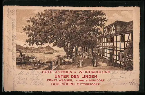 AK Godesberg-Plittersdorf, Hotel Pension Unter den Linden E. Wagner, vormals Mundorf, Gartenansicht mit Rhein