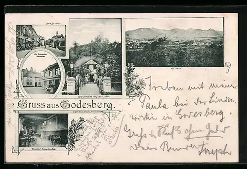 AK Godesberg, Hotel Blinzle, Gasthaus Restauration Schumacher mit Saal, Ortsansicht