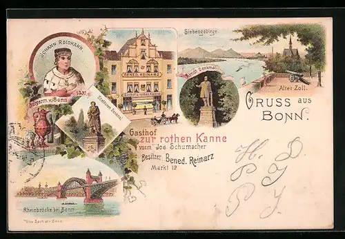 Lithographie Bonn, Gasthaus zur roten Kanne, Rheinbrücke, Alter Zoll