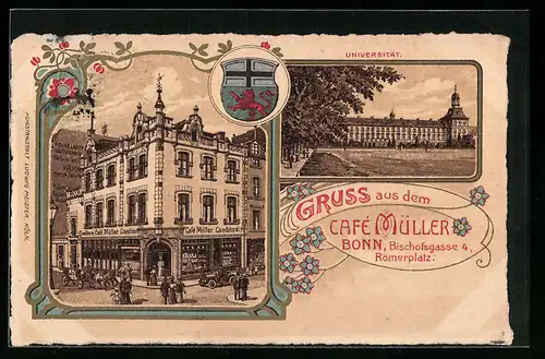 Lithographie Bonn, Cafe Müller, Bischofsgasse 4, mit Passanten, Universität, Wappen