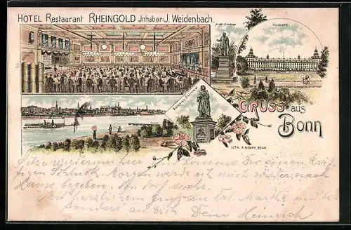 Lithographie Bonn, Hotel Restaurant Rheingold J. Weidenbach, Innenansicht, Ortsansicht mit Rhein, Universität