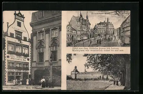 AK Bonn, Gaststätte Em Höttchen J. Kentmann mit Gesellschaft, Bummliger Markt aus der Sicht eines Betrunkenen