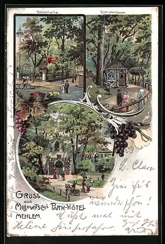 Lithographie Mehlem, Millowitschs Park-Hotel, Gartenansichten