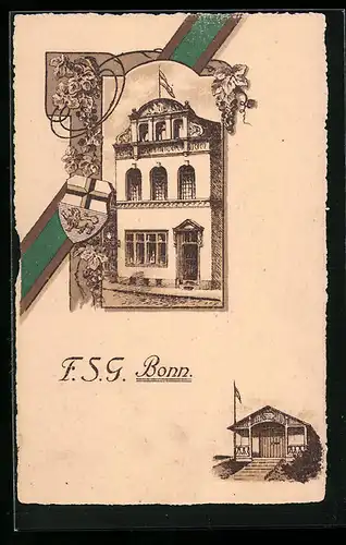 Lithographie Bonn, Verbindungshaus der F. S. G. mit Nebenhaus, Wappen