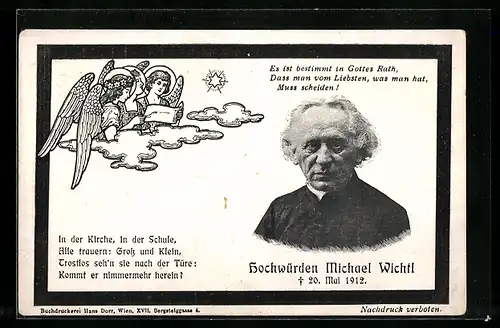 AK Hochwürden Michael Wichtl, Gest. 1912, Engel auf einer Wolke