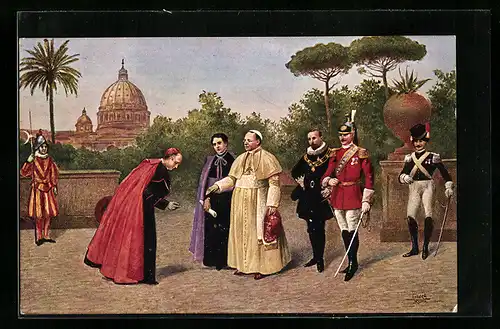 AK Papst Pius XI. in Begleitung kirchlicher Würdenträger, Uniformen, Schweizer Garde