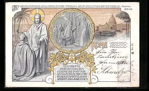 AK Roma, Papst Leo XIII. an der Porta Santa, Petersdom, Jesus mit Schlüssel