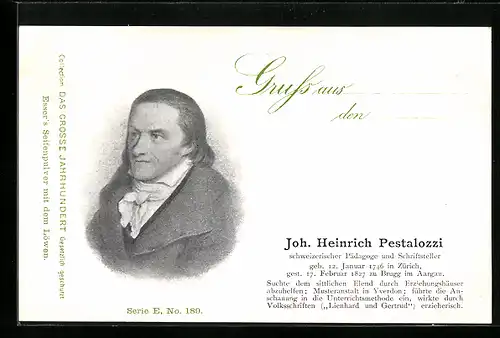 AK Schweizer Pädagoge und Schriftsteller Joh. Heinrich Pestalozzi im Portrait