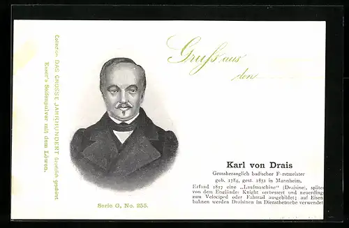 AK Portrait des Erfinders der Draisine Karl von Drais