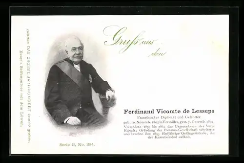 AK Portrait des Gelehrten Ferdinand Vicomte de Lesseps