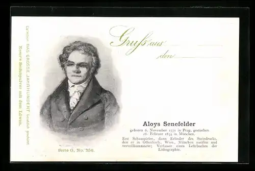 Lithographie Portrait des Erfinders und Schauspielers Aloys Senefelder, gelebt von 1771 bis 1834