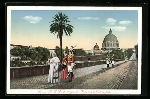 AK Roma, Pio X nei giardini Vaticani, col suo seguito, Papst Pius X.