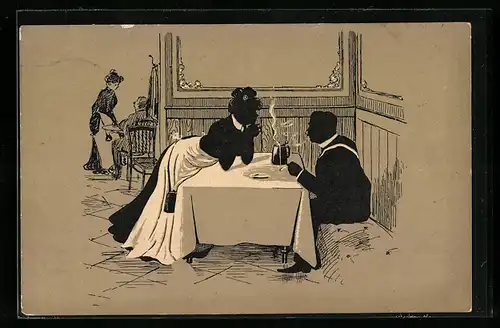 AK Schattenbild, Kellnerin bei rauchendem Herrn am Tisch, Gastronomie