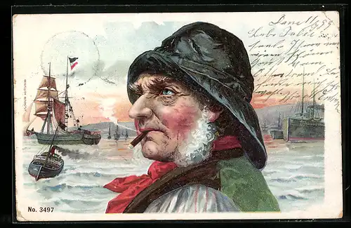 AK Fischer mit Hut raucht Zigarre, Im Hintergrund Schiffe auf See
