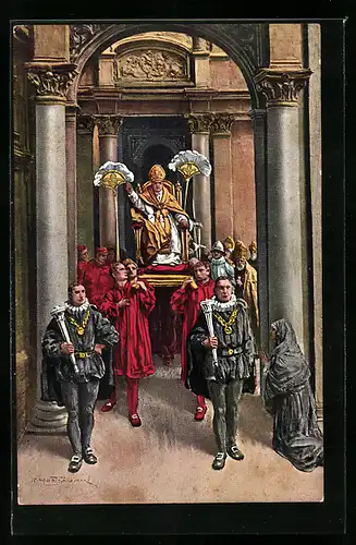 Künstler-AK Domenico Mastroianni: Papst Pius XI., auf Senfte getragen