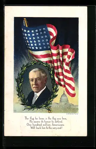 AK Portrait Woodrow Wilson und amerikanische Nationalflagge