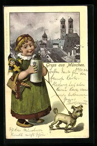 AK München, Mönchlein mit Kindl-Puppe und Hund, Teilansicht