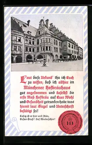 AK München, Münchner Hofbräuhaus mit Strasse, Urkunde mit Siegel