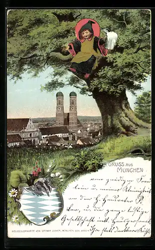 AK Gruss aus München, Münchner Kindl mit Mass im Baum