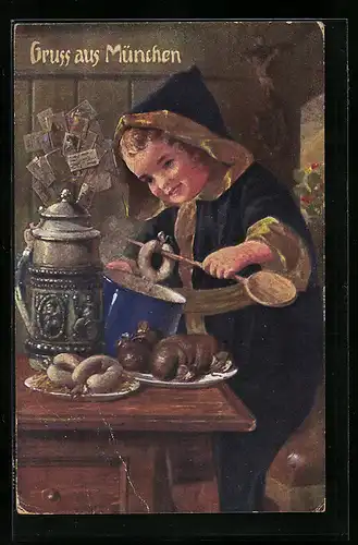 Künstler-AK Münchner Kindl kocht Weisswürste