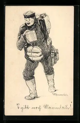Künstler-AK `S gibt noch Marmelade!, Frontsoldat mit Essensration