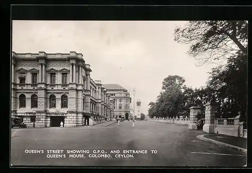 AK Colombo, Queen`s Street showing G. P. O. and entrance to Queen`s House