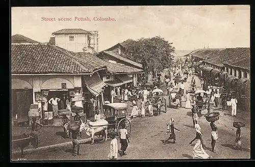 AK Colombo-Pettah, Street scene, Strassenpartie mit Geschäften, Ochsengespannen u. Rikschas