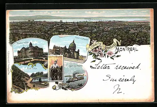 Lithographie Montreal, Windsor Hotel, Peter`s Cathedral, Lachine rapids