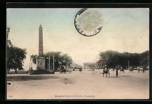 AK Singapore, Memorial Hall and Obelisk, Strassenansicht mit Rikschas