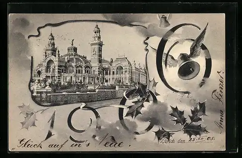 AK Zürich, Gebäudeansicht, Neujahrsgruss 1906, Passepartout