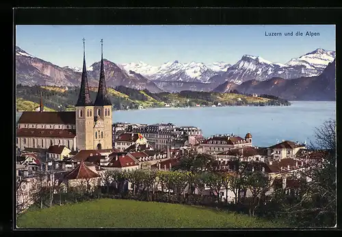 AK Luzern, Teilansicht mit Kirche und den Alpen