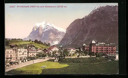 AK Grindelwald, Ortspartie mit Wetterhorn