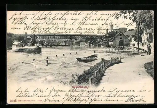 AK Schaffhausen, Uferpartie mit Brücke