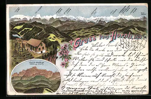 Lithographie Fischenthal, Gasthaus zum Hörnli, Blick zur Säntis-Gruppe