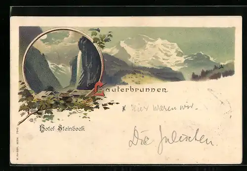 Lithographie Lauterbrunnen, Partie im Hochgebirge, Wasserfall