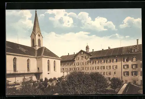 AK Cham, Institut Heiligkreuz, Vorderansicht mit Kirche